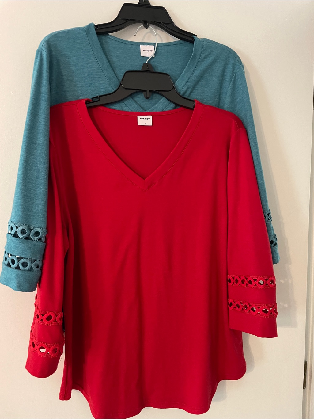 V-Neck Tunic With Crochet-Trim 3/4 Sleeves Red/Heathered Teal